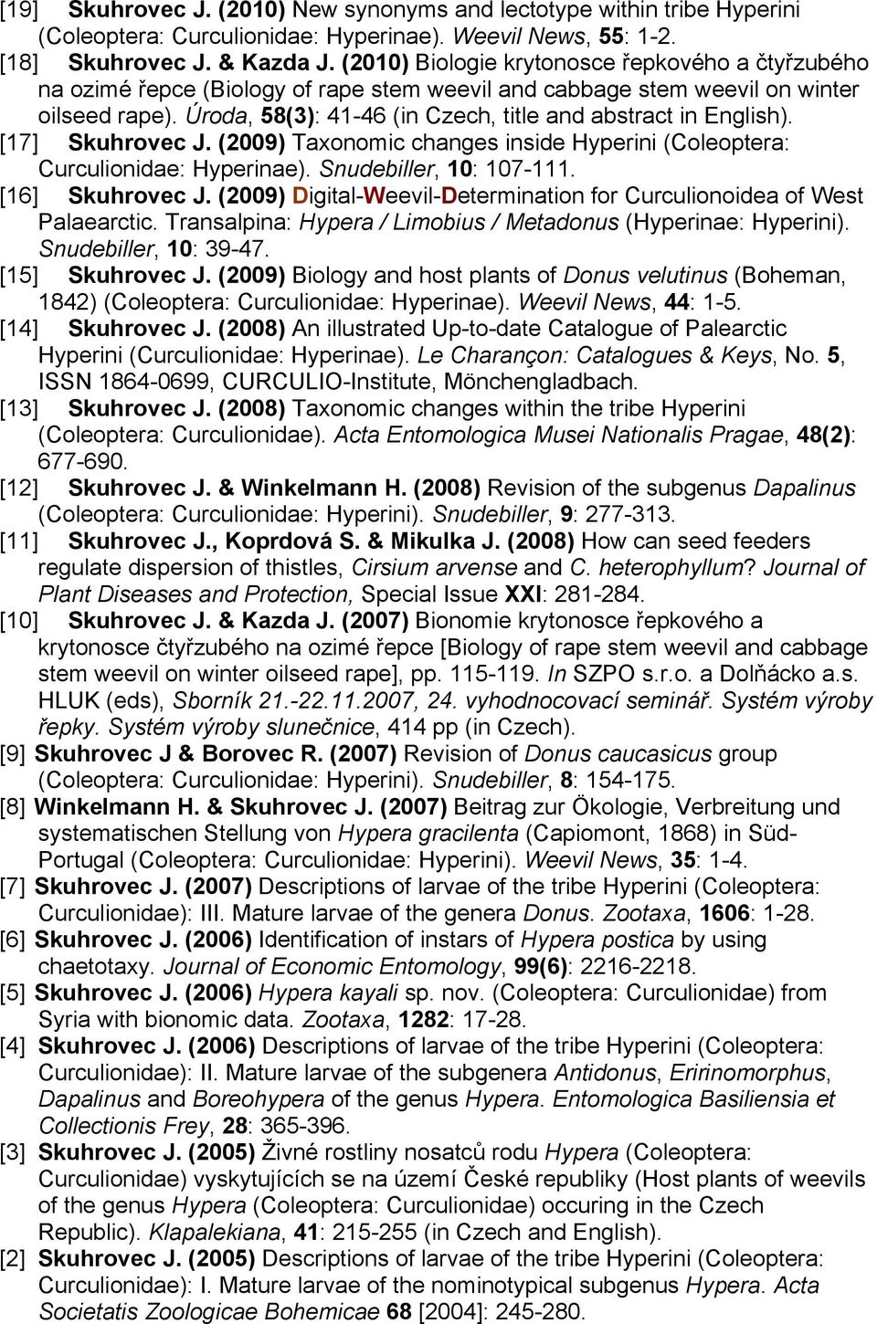 Úroda, 58(3): 41-46 (in Czech, title and abstract in English). [17] Skuhrovec J. (2009) Taxonomic changes inside Hyperini (Coleoptera: Curculionidae: Hyperinae). Snudebiller, 10: 107-111.