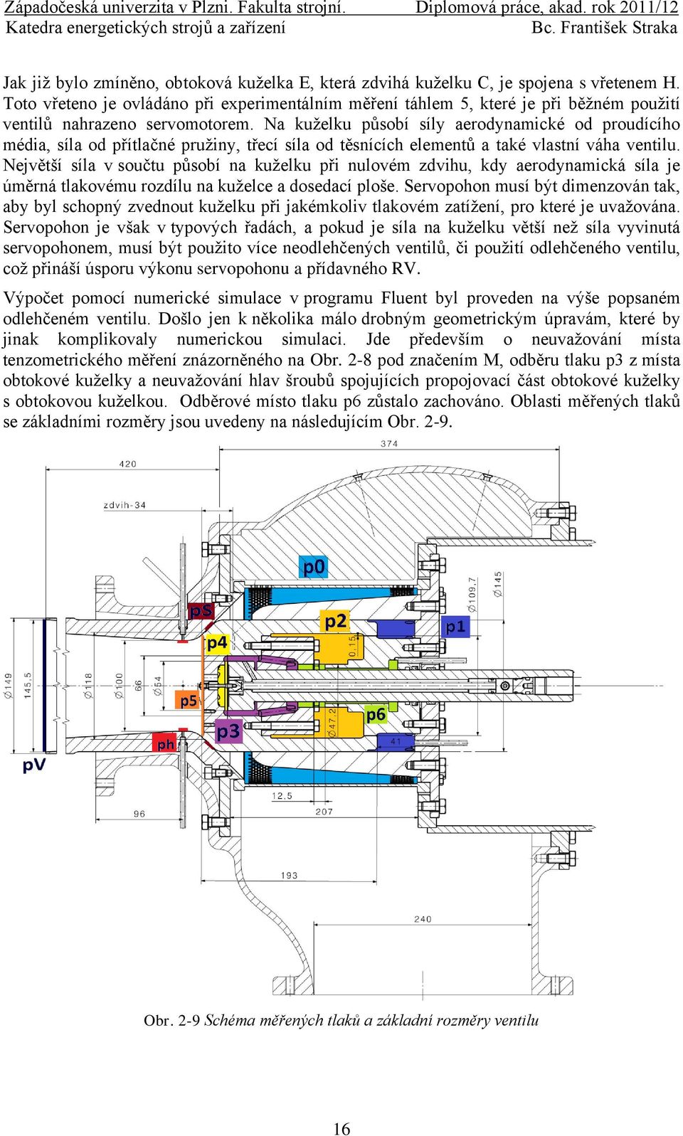 Na kuželku působí síly aerodynamické od proudícího média, síla od přítlačné pružiny, třecí síla od těsnících elementů a také vlastní váha ventilu.