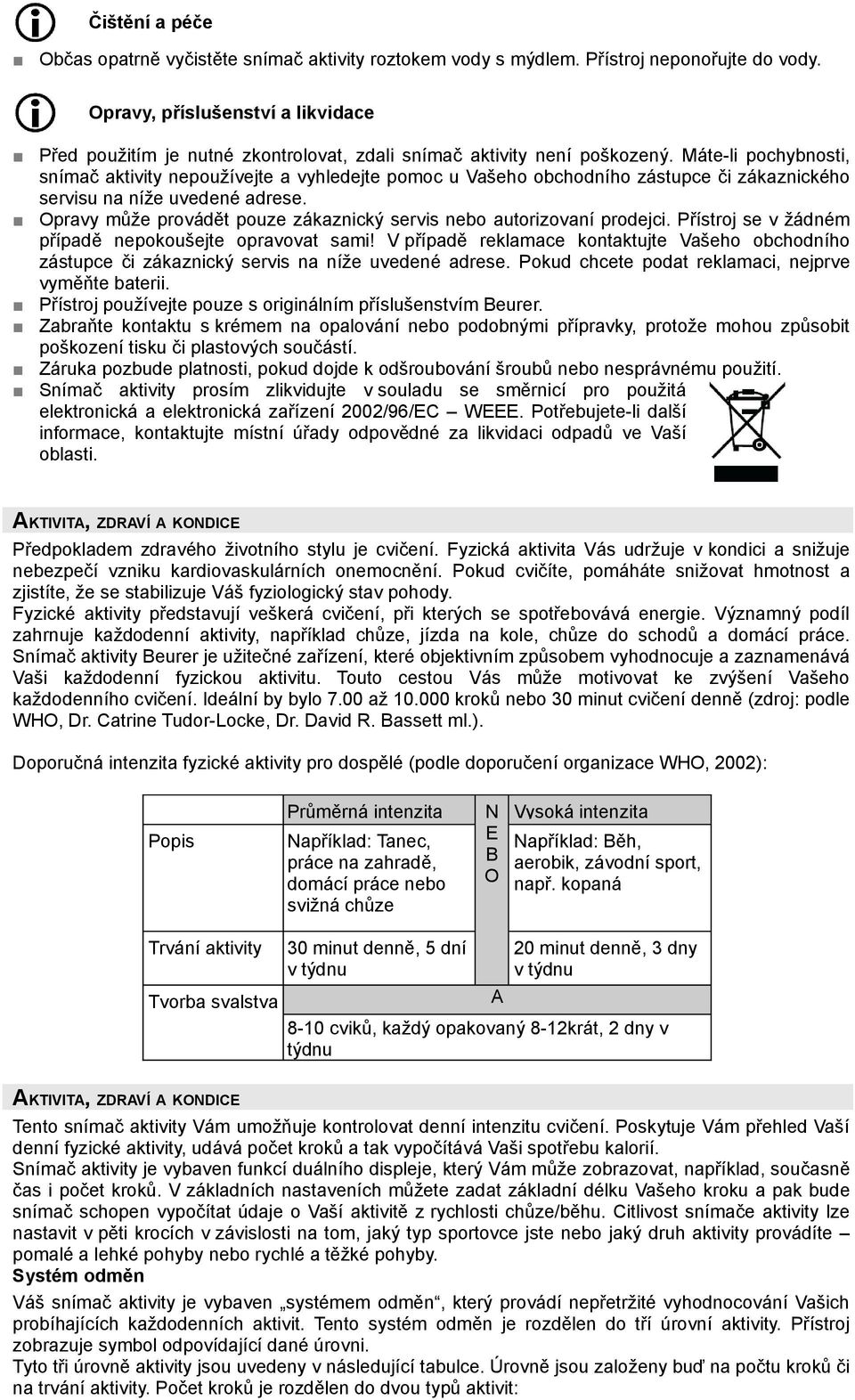 Máte-li pochybnosti, snímač aktivity nepoužívejte a vyhledejte pomoc u Vašeho obchodního zástupce či zákaznického servisu na níže uvedené adrese.