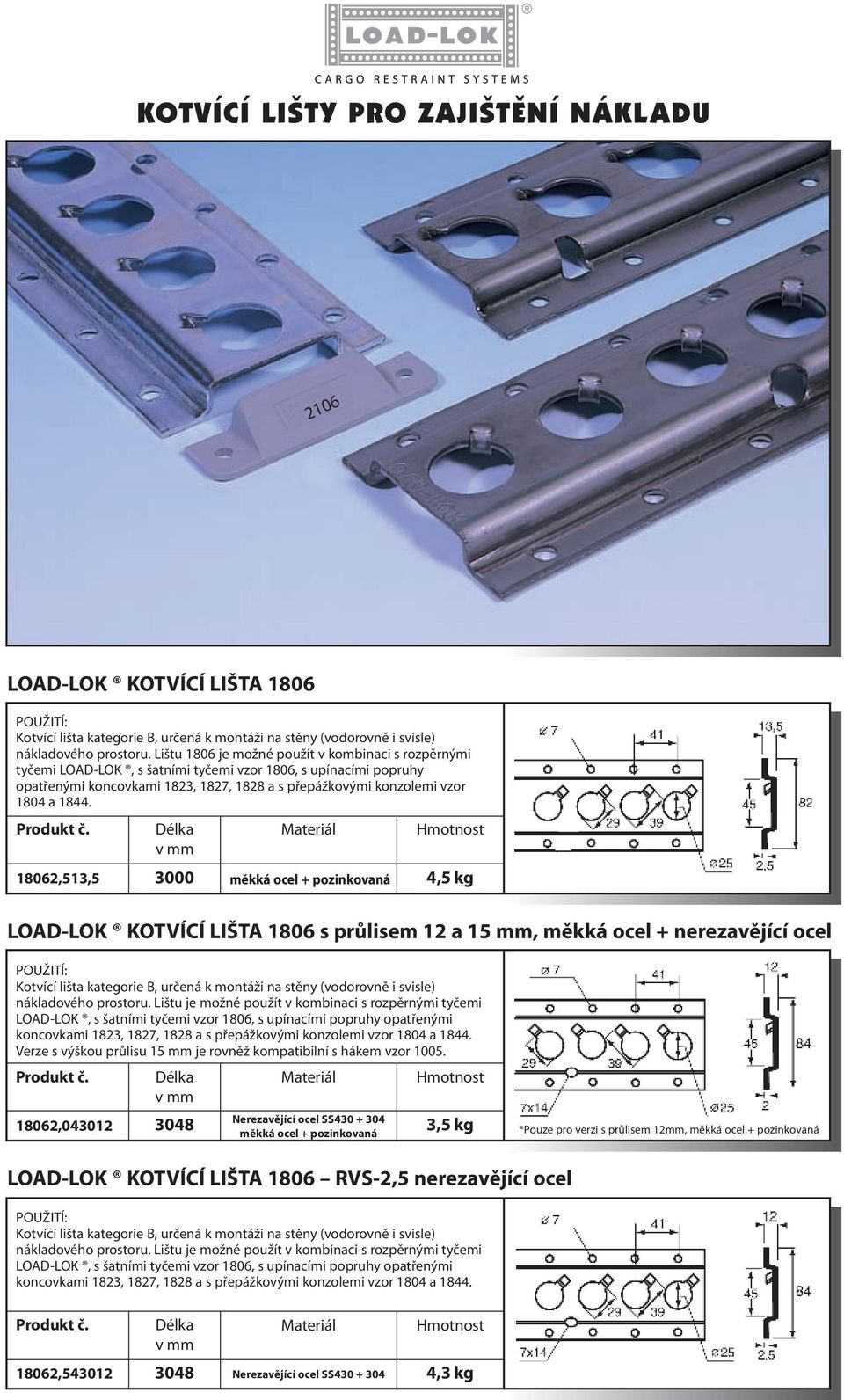 18062,513,5 4,5 kg LOAD-LOK KOTVÍCÍ LIŠTA 1806 s průlisem 12 a 15 mm, + nerezavějící ocel Kotvící lišta kategorie B, určená k montáži na stěny (vodorovně i svisle) nákladového prostoru.
