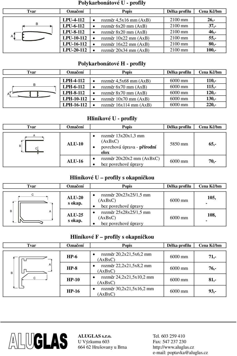 LPH16112 rozmr 16x114 (x) 6000 220, Hliníkové U profily LU10 LU16 rozmr 13x20x1,3 povrchová úprava pírodní rozmr 20x20x2 5850 65, 6000 70, Hliníkové U profily s okapnikou LU20 s okap. LU25 s okap.