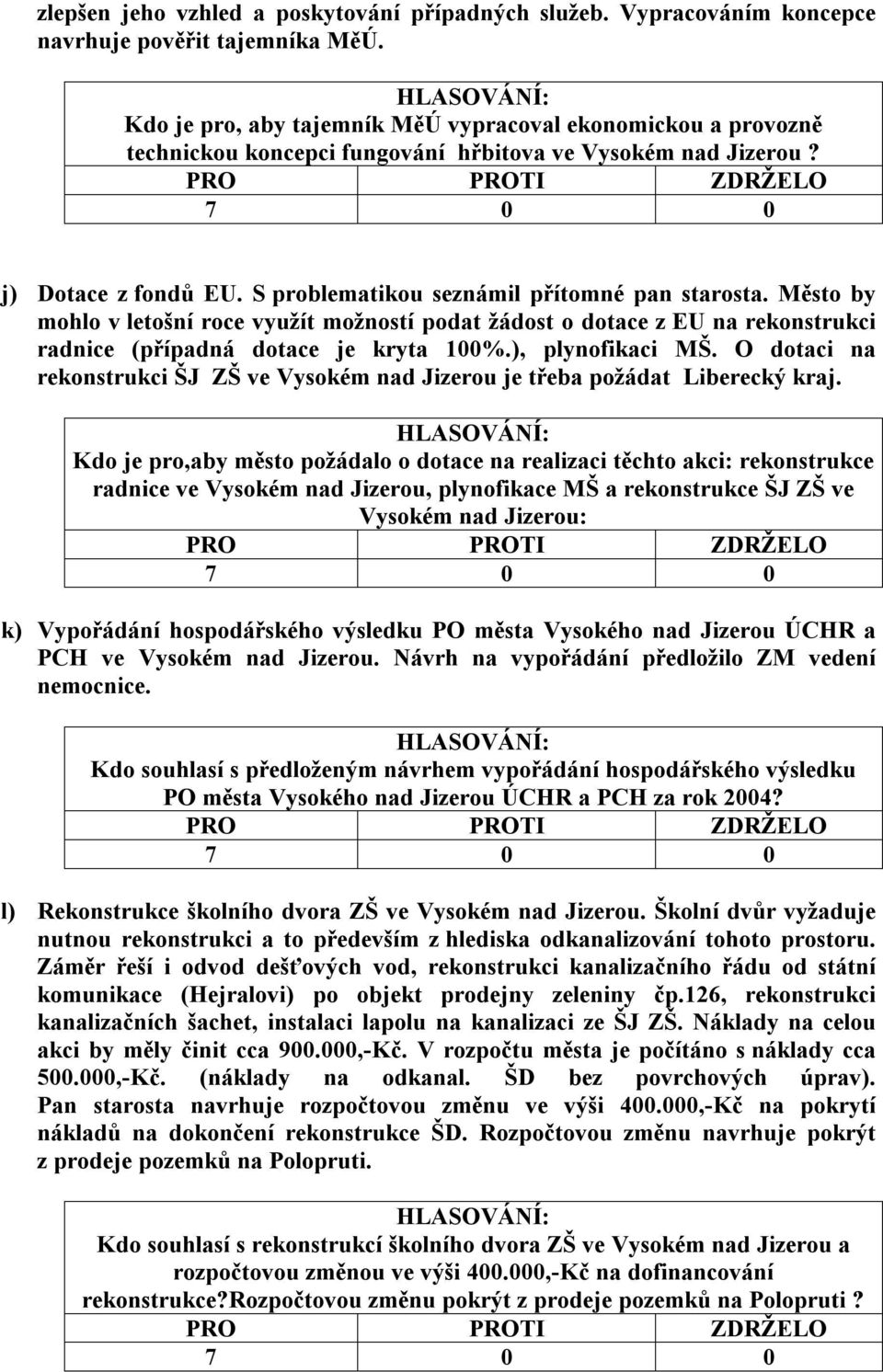 Město by mohlo v letošní roce využít možností podat žádost o dotace z EU na rekonstrukci radnice (případná dotace je kryta 100%.), plynofikaci MŠ.