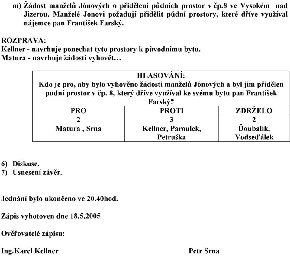 Matura - navrhuje žádosti vyhovět Kdo je pro, aby bylo vyhověno žádosti manželů Jónových a byl jim přidělen půdní prostor v čp.