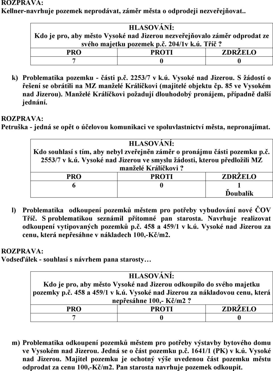 Manželé Králíčkovi požadují dlouhodobý pronájem, případně další jednání. Petruška - jedná se opět o účelovou komunikaci ve spoluvlastnictví města, nepronajímat.