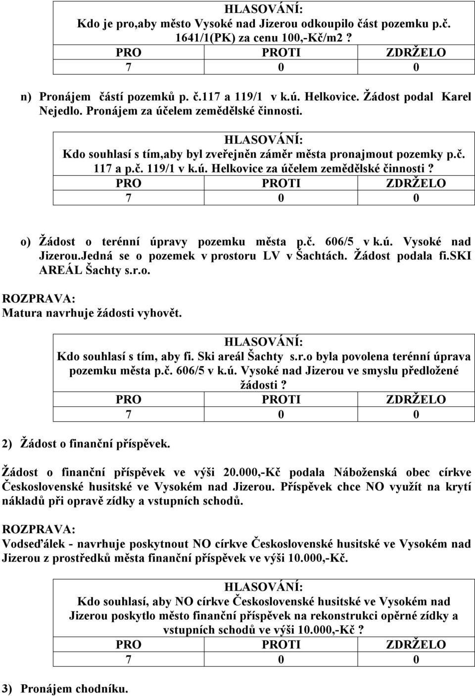 o) Žádost o terénní úpravy pozemku města p.č. 606/5 v k.ú. Vysoké nad Jizerou.Jedná se o pozemek v prostoru LV v Šachtách. Žádost podala fi.ski AREÁL Šachty s.r.o. Matura navrhuje žádosti vyhovět.