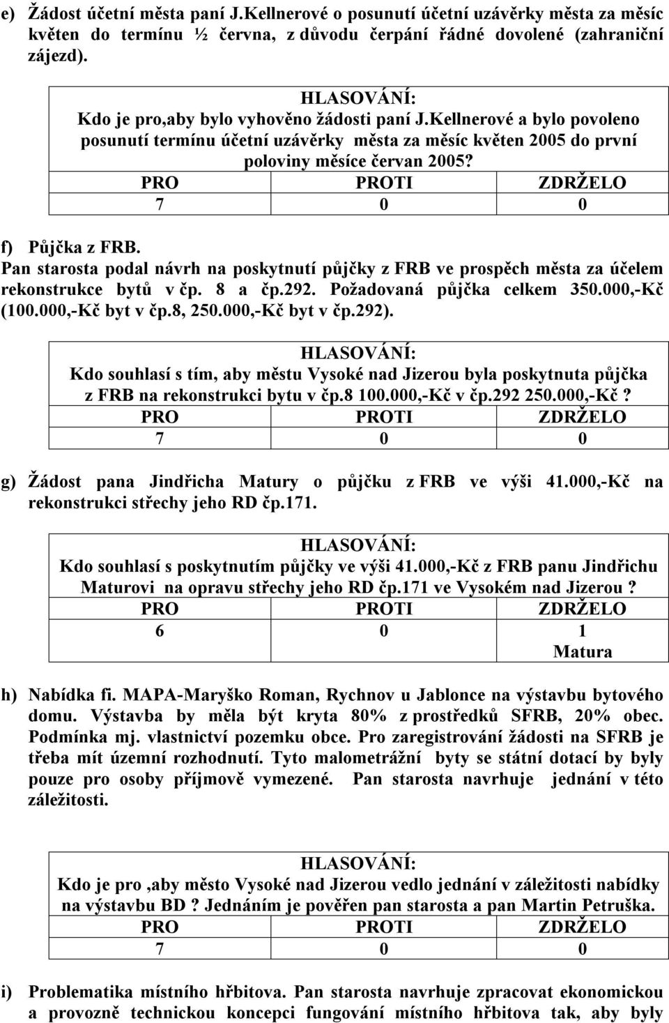 Pan starosta podal návrh na poskytnutí půjčky z FRB ve prospěch města za účelem rekonstrukce bytů v čp. 8 a čp.292. Požadovaná půjčka celkem 350.000,-Kč (100.000,-Kč byt v čp.8, 250.000,-Kč byt v čp.292).