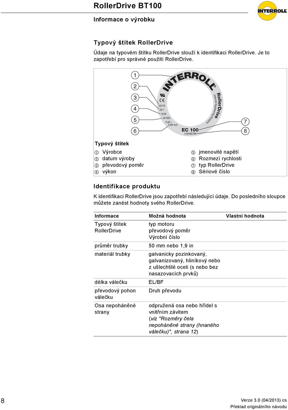 6 Rozmezí rychlosti 7 typ RollerDrive 8 Sériové číslo Identifikace produktu K identifikaci RollerDrive jsou zapotřebí následující údaje. Do posledního sloupce můžete zanést hodnoty svého RollerDrive.