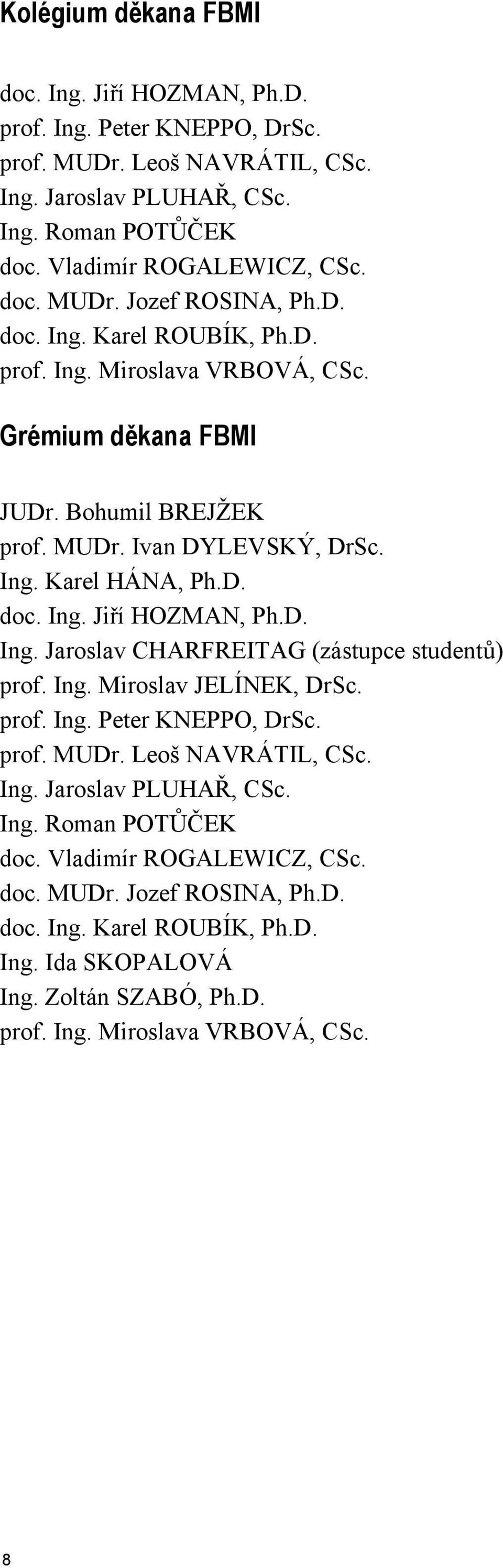 d. Ing. Jaroslav CHARFREITAG (zástupce studentů) prof. Ing. Miroslav JELÍNEK, DrSc. prof. Ing. eter KNEO, DrSc. prof. MUDr. Leoš NAVRÁTIL, CSc. Ing. Jaroslav LUHAŘ, CSc. Ing. Roman OTŮČEK doc.