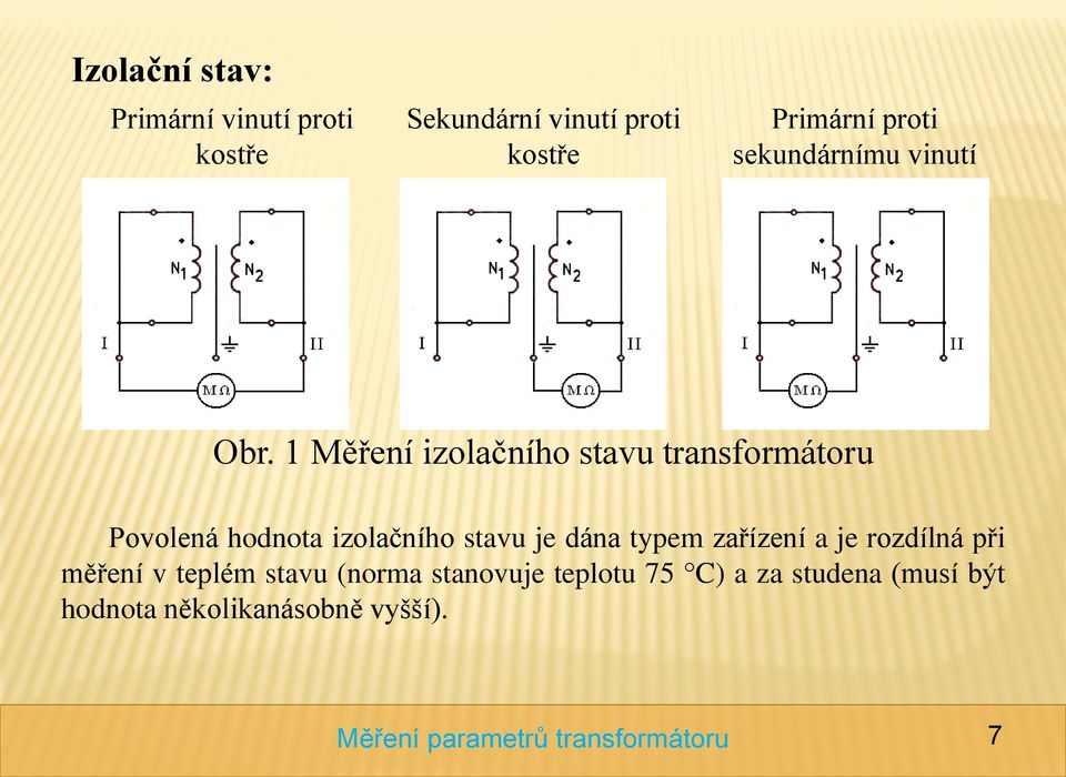 1 Měření izolačního stavu transformátoru Povolená hodnota izolačního stavu je dána