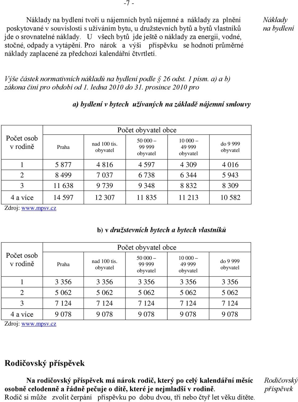 Náklady na bydlení Výše částek normativních nákladů na bydlení podle 26 odst. 1 písm. a) a b) zákona činí pro období od 1. ledna 2010 do 31.