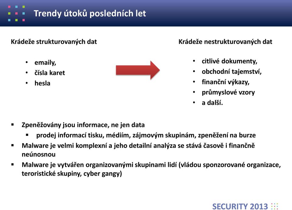 Zpeněžovány jsou informace, ne jen data prodej informací tisku, médiím, zájmovým skupinám, zpeněžení na burze Malware je velmi