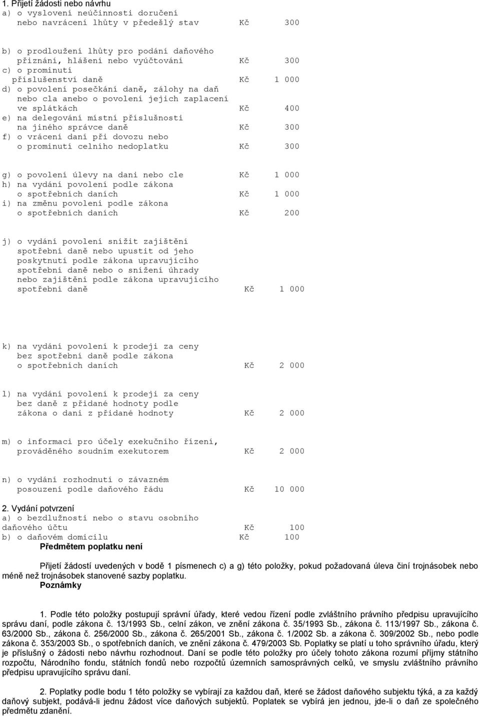 daně Kč 300 f) o vrácení daní při dovozu nebo o prominutí celního nedoplatku Kč 300 g) o povolení úlevy na dani nebo cle Kč 1 000 h) na vydání povolení podle zákona o spotřebních daních Kč 1 000 i)