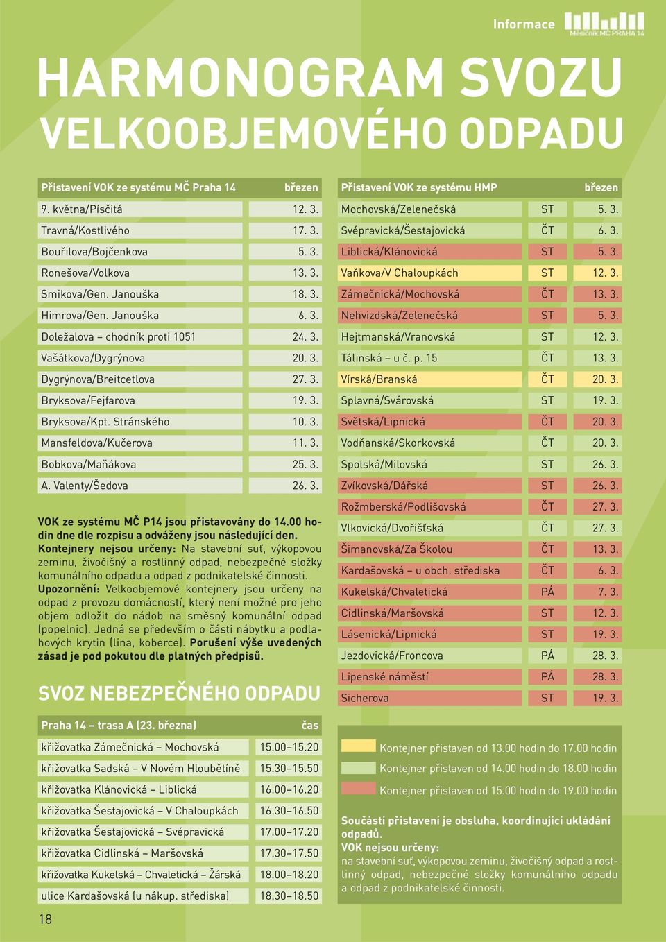 3. Himrova/Gen. Janouška 6. 3. Nehvizdská/Zelenečská ST 5. 3. Doležalova chodník proti 1051 24. 3. Hejtmanská/Vranovská ST 12. 3. Vašátkova/Dygrýnova 20. 3. Tálinská u č. p. 15 ČT 13. 3. Dygrýnova/Breitcetlova 27.