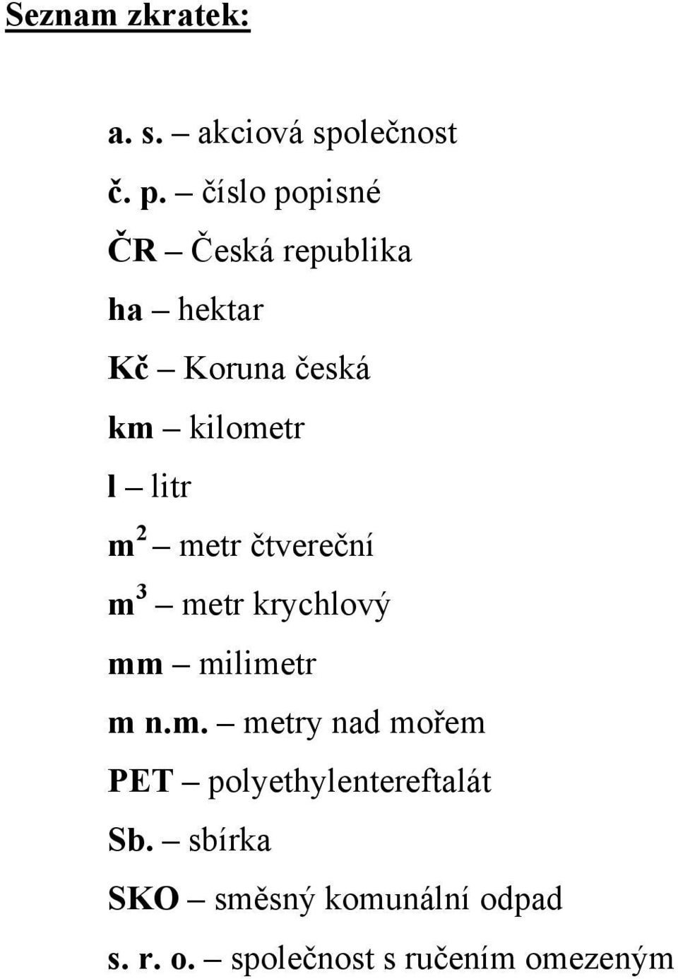 litr m 2 metr čtvereční m 3 metr krychlový mm milimetr m n.m. metry nad mořem PET polyethylentereftalát Sb.