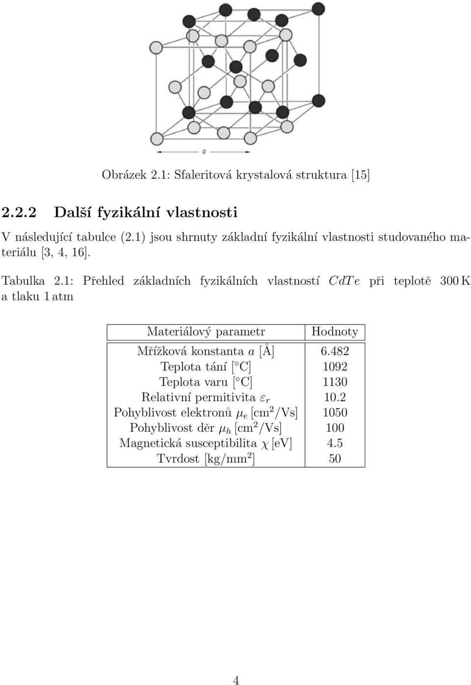 1: Přehled základních fyzikálních vlastností CdT e při teplotě 300 K a tlaku 1 atm Materiálový parametr Hodnoty Mřížková konstanta a [Å] 6.