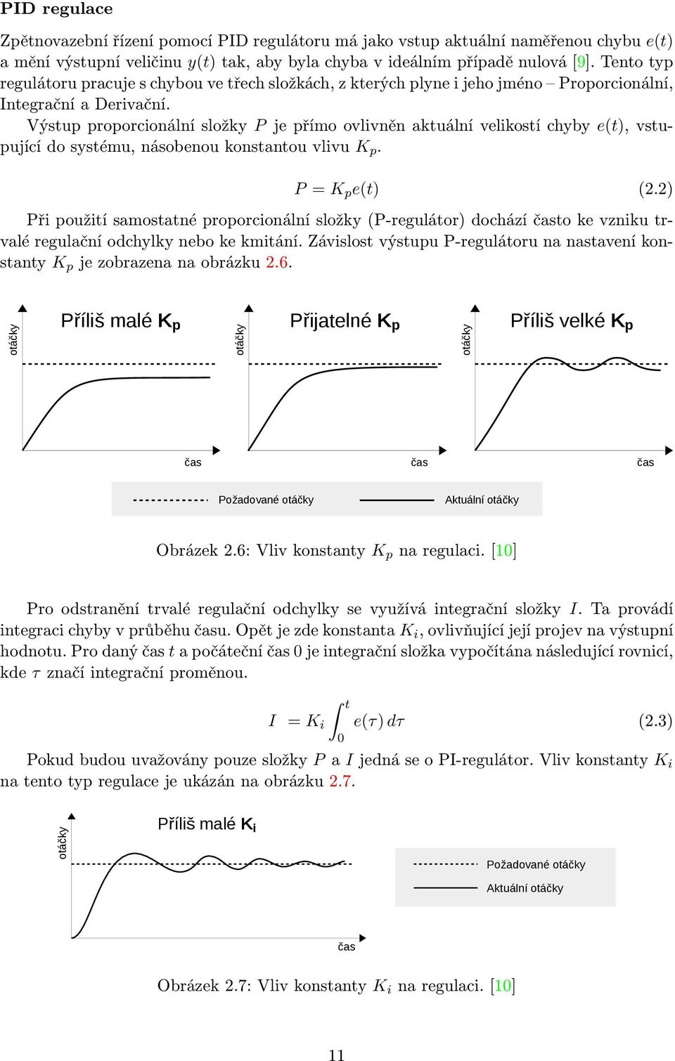 Výstup proporcionální složky P je přímo ovlivněn aktuální velikostí chyby e(t), vstupující do systému, násobenou konstantou vlivu K p. P = K p e(t) (2.