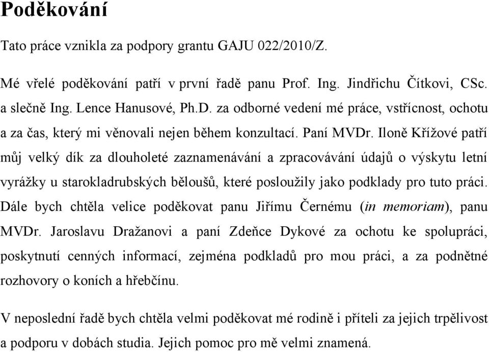 Iloně Křížové patří můj velký dík za dlouholeté zaznamenávání a zpracovávání údajů o výskytu letní vyrážky u starokladrubských běloušů, které posloužily jako podklady pro tuto práci.