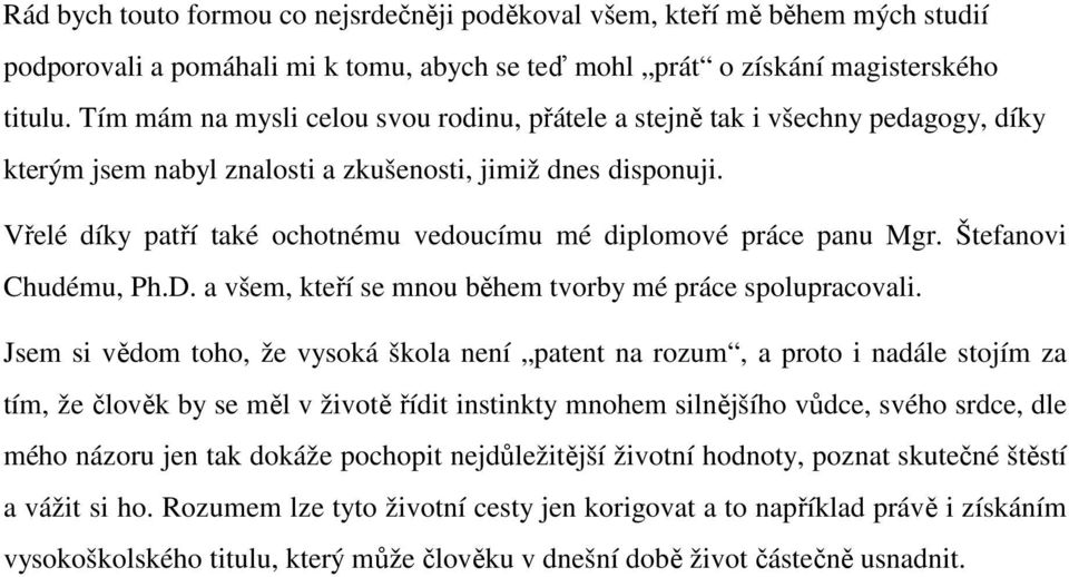 Vřelé díky patří také ochotnému vedoucímu mé diplomové práce panu Mgr. Štefanovi Chudému, Ph.D. a všem, kteří se mnou během tvorby mé práce spolupracovali.