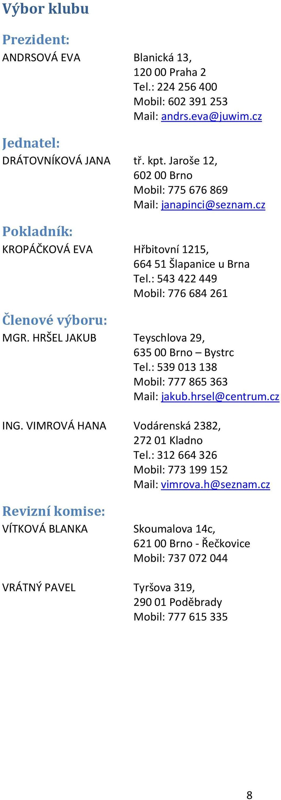 : 543 422 449 Mobil: 776 684 261 Členové výboru: MGR. HRŠEL JAKUB Teyschlova 29, 635 00 Brno Bystrc Tel.: 539 013 138 Mobil: 777 865 363 Mail: jakub.hrsel@centrum.cz ING.