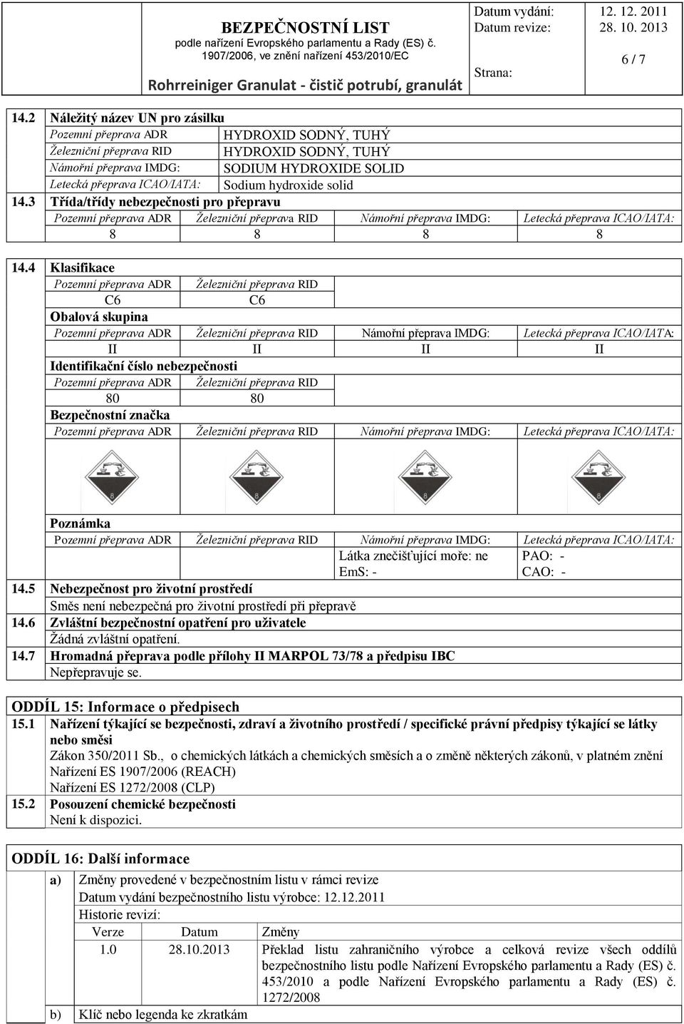 hydroxide solid 14.3 Třída/třídy nebezpečnosti pro přepravu 8 8 8 8 14.