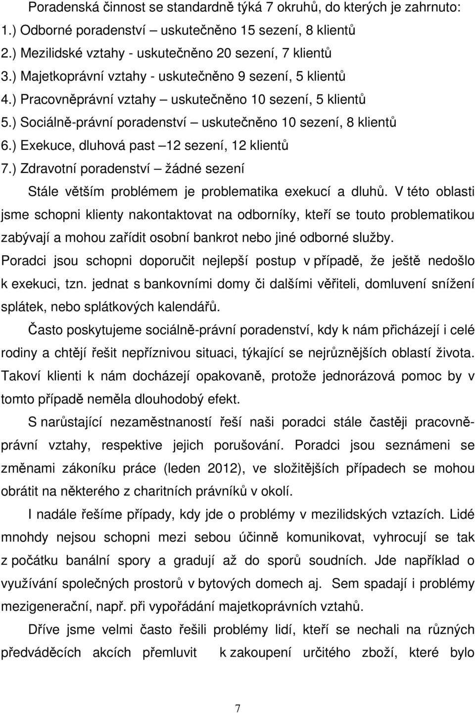 ) Exekuce, dluhová past 12 sezení, 12 klientů 7.) Zdravotní poradenství žádné sezení Stále větším problémem je problematika exekucí a dluhů.