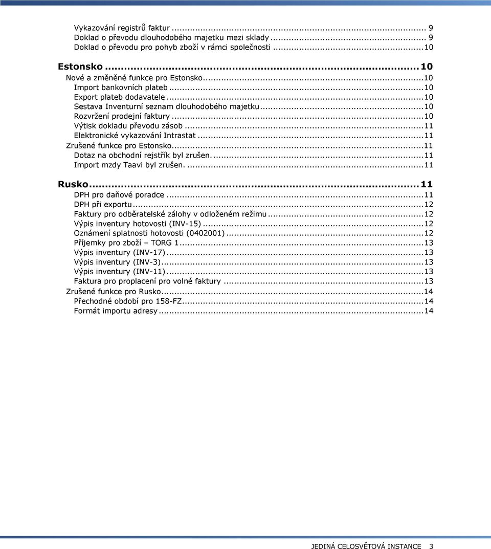 .. 11 Elektronické vykazování Intrastat... 11 Zrušené funkce pro Estonsko...11 Dotaz na obchodní rejstřík byl zrušen.... 11 Import mzdy Taavi byl zrušen.... 11 Rusko... 11 DPH pro daňové poradce.
