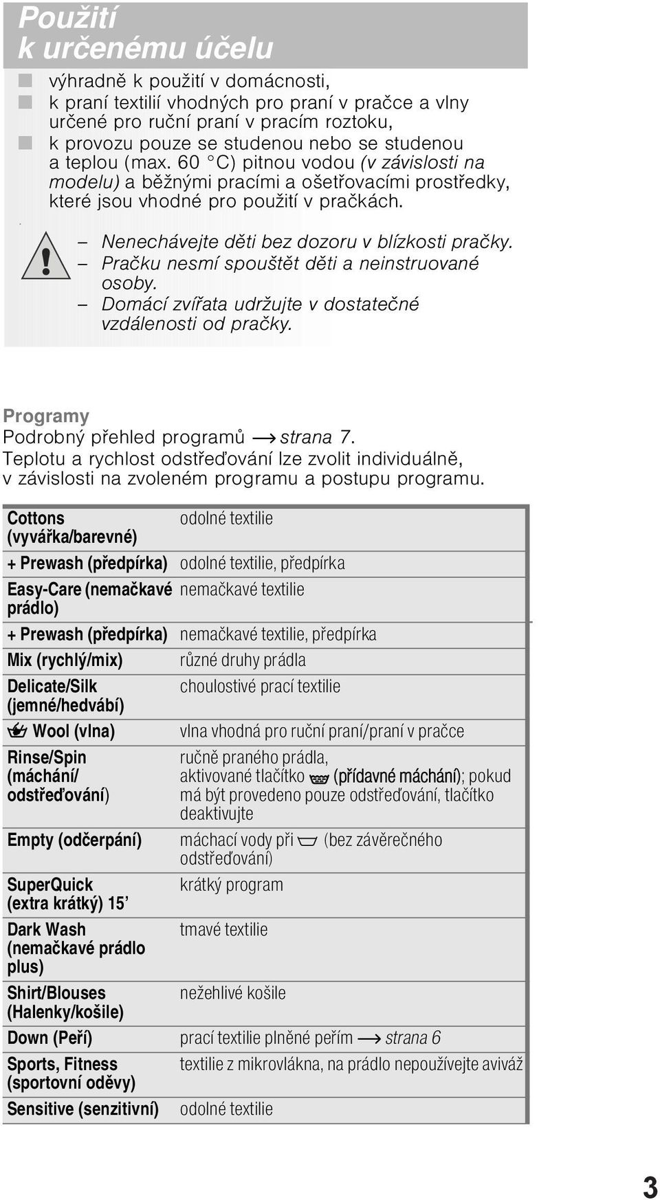 Praku nesmí spouštt dti a neinstruované osoby. Domácí zvíata udržujte v dostatené vzdálenosti od praky. Programy Podrobný pehled program strana 7.