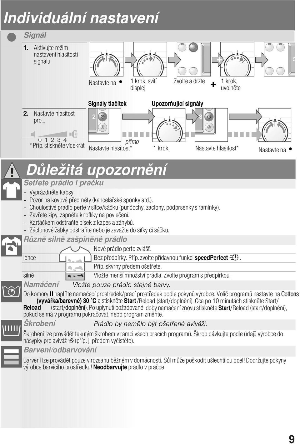 Pozor na kovové pedmty (kanceláské sponky atd.). Choulostivé prádlo perte v síce/sáku (punochy, záclony, podprsenky s ramínky). Zavete zipy, zapnte knoflíky na povleení.