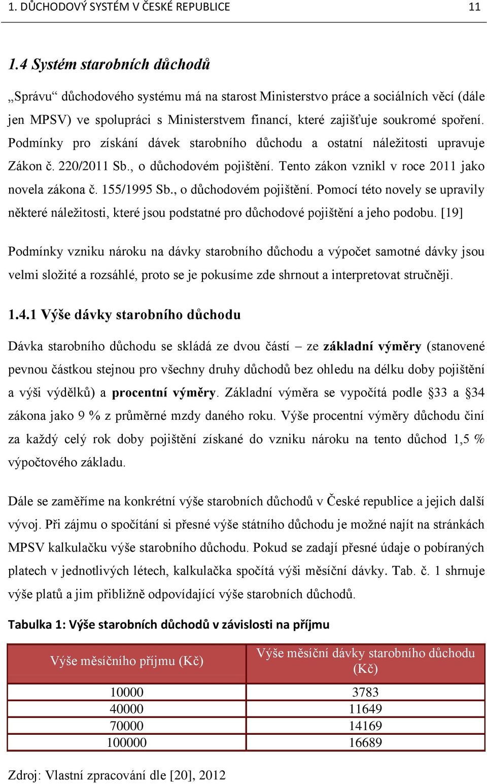 Podmínky pro získání dávek starobního důchodu a ostatní náleţitosti upravuje Zákon č. 220/2011 Sb., o důchodovém pojištění. Tento zákon vznikl v roce 2011 jako novela zákona č. 155/1995 Sb.