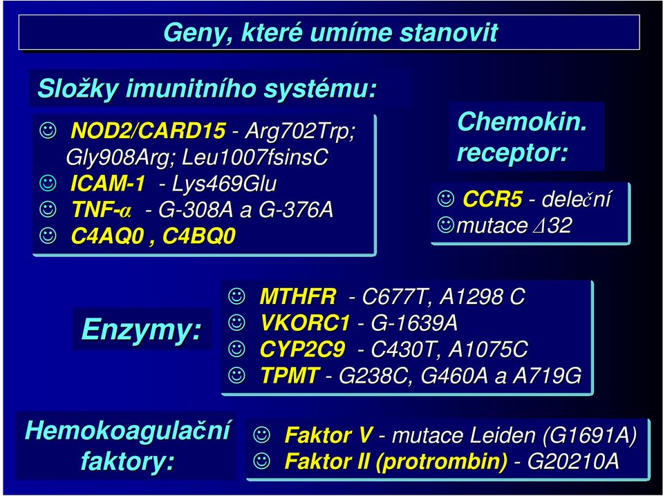 receptor: CCR5 - deleční mutace 32 Enzymy: MTHFR - C677T, A1298 C VKORC1 - G-1639A CYP2C9 - C430T,