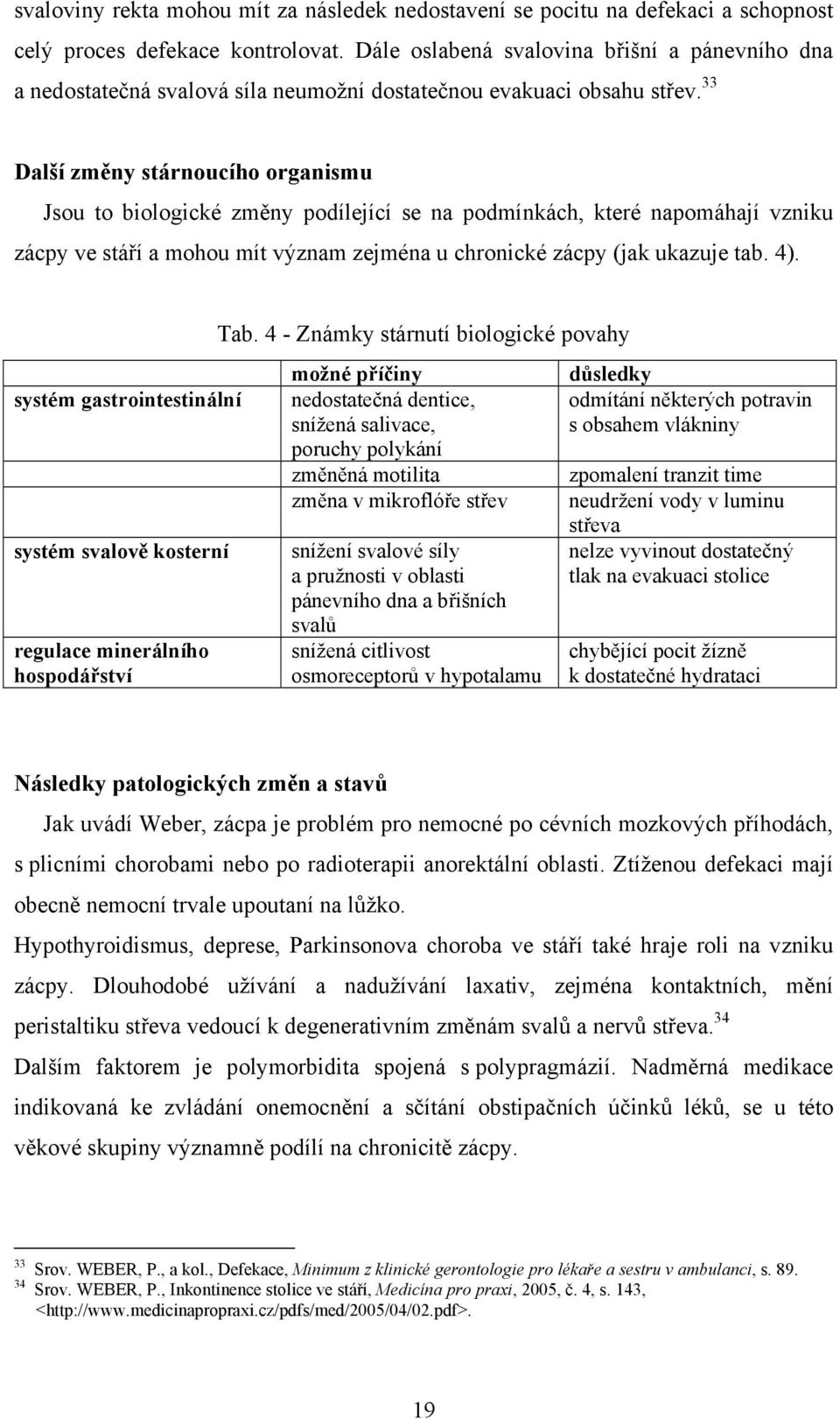 33 Další změny stárnoucího organismu Jsou to biologické změny podílející se na podmínkách, které napomáhají vzniku zácpy ve stáří a mohou mít význam zejména u chronické zácpy (jak ukazuje tab. 4).