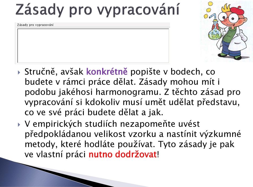 Z těchto zásad pro vypracování si kdokoliv musí umět udělat představu, co ve své práci budete dělat a