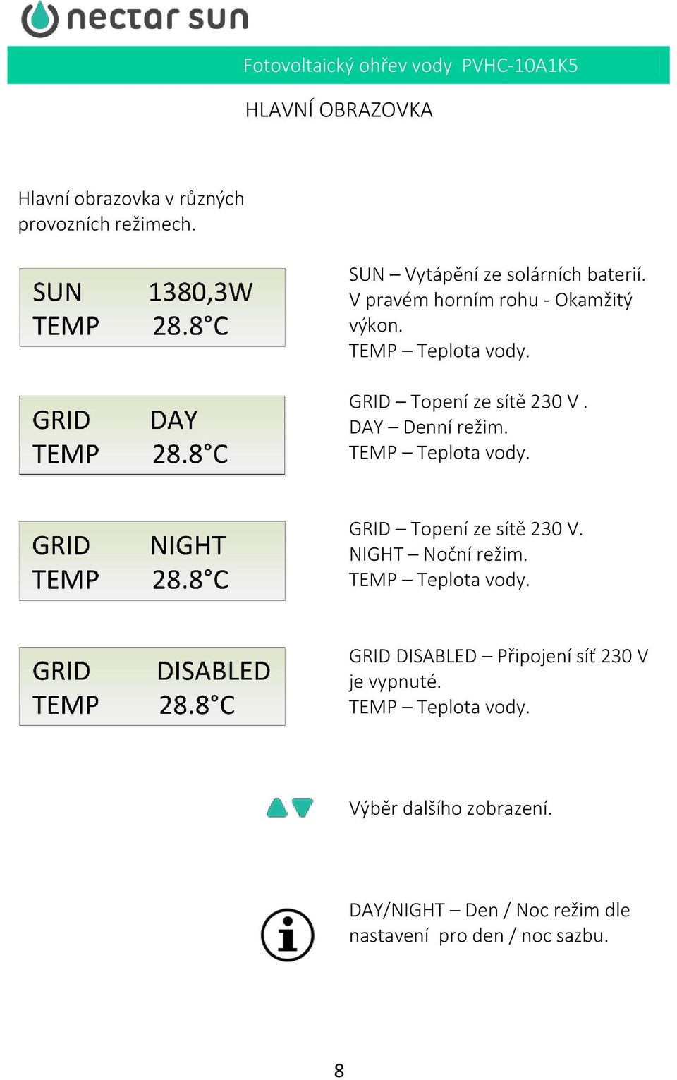 TEMP Teplota vody. GRID Topení ze sítě 230 V. NIGHT Noční režim. TEMP Teplota vody.