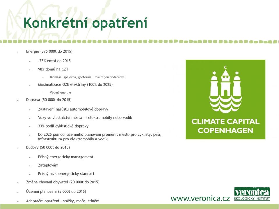 dopravy Do 2025 pomocí územního plánování proměnit město pro cyklisty, pěší, infrastruktura pro elektromobily a vodík Budovy (50 000t do 2015) Přísný energetický