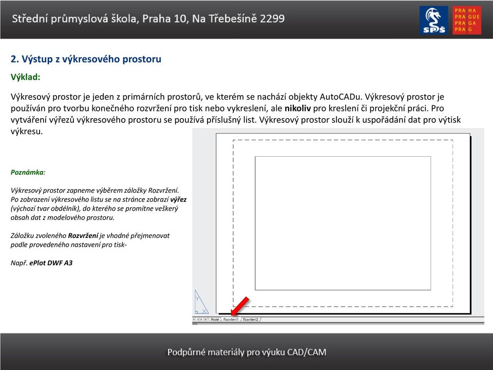 Pro vytváření výřezů výkresového prostoru se používá příslušný list. Výkresový prostor slouží k uspořádání dat pro výtisk výkresu.