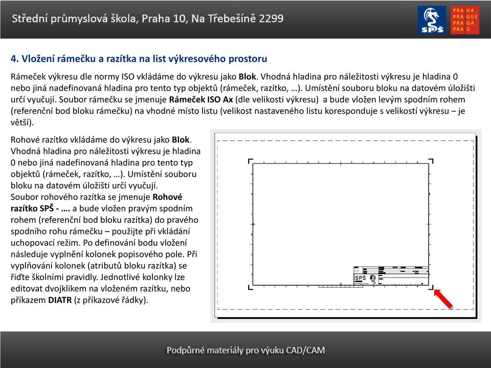 Soubor rámečku se jmenuje Rámeček ISO Ax (dle velikosti výkresu) a bude vložen levým spodním rohem (referenční bod bloku rámečku) na vhodné místo listu (velikost nastaveného listu koresponduje s