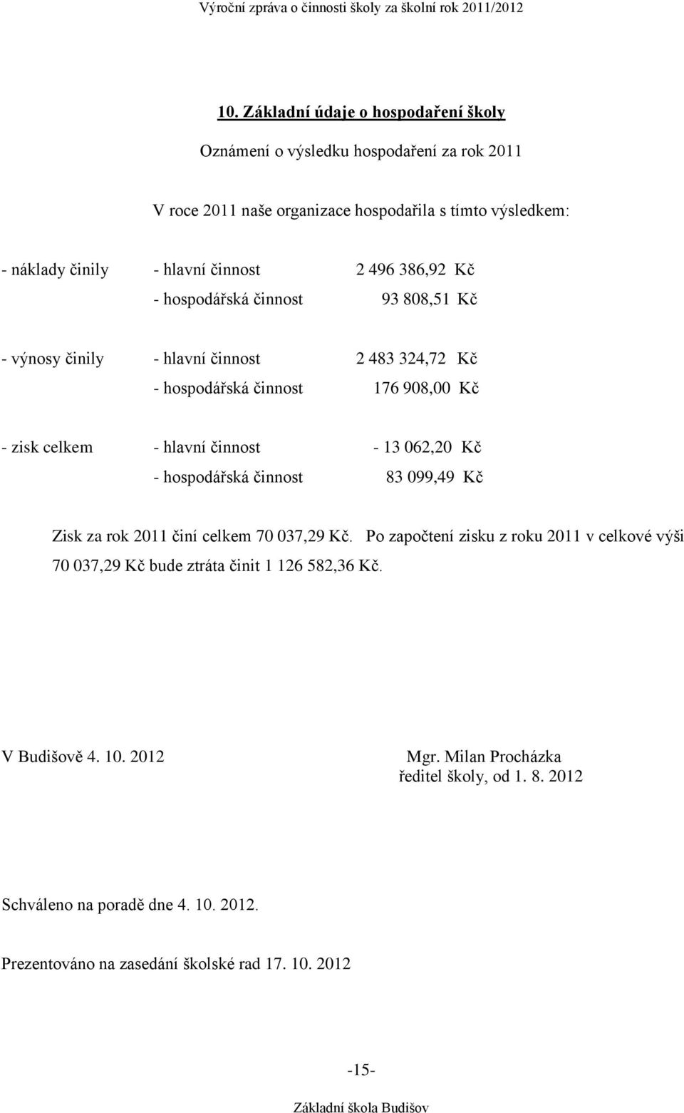 činnost - 13 062,20 Kč - hospodářská činnost 83 099,49 Kč Zisk za rok 2011 činí celkem 70 037,29 Kč.