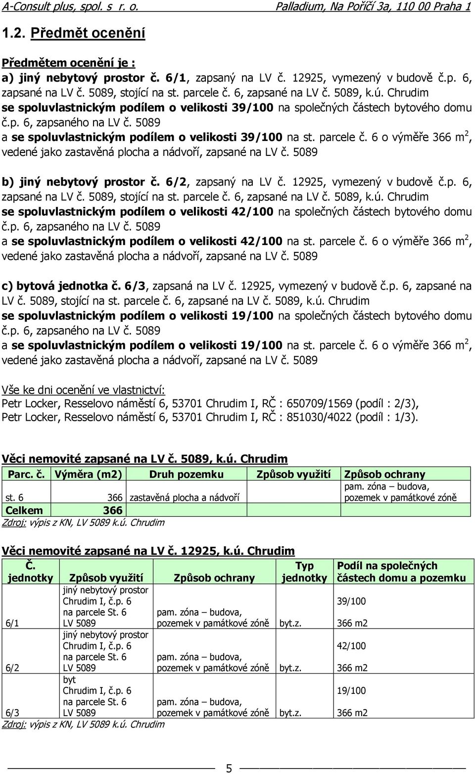 6 o výměře 366 m 2, vedené jako zastavěná plocha a nádvoří, zapsané na LV č. 5089 b) jiný nebytový prostor č. 6/2, zapsaný na LV č. 12925, vymezený v budově č.p. 6, zapsané na LV č.