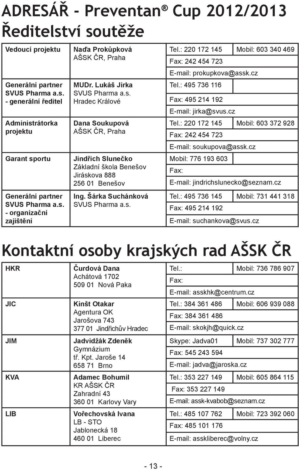 : 220 172 145 Mobil: 603 340 469 242 454 723 E-mail: prokupkova@assk.cz Tel.: 495 736 116 495 214 192 E-mail: jirka@svus.cz Tel.: 220 172 145 Mobil: 603 372 928 242 454 723 E-mail: soukupova@assk.