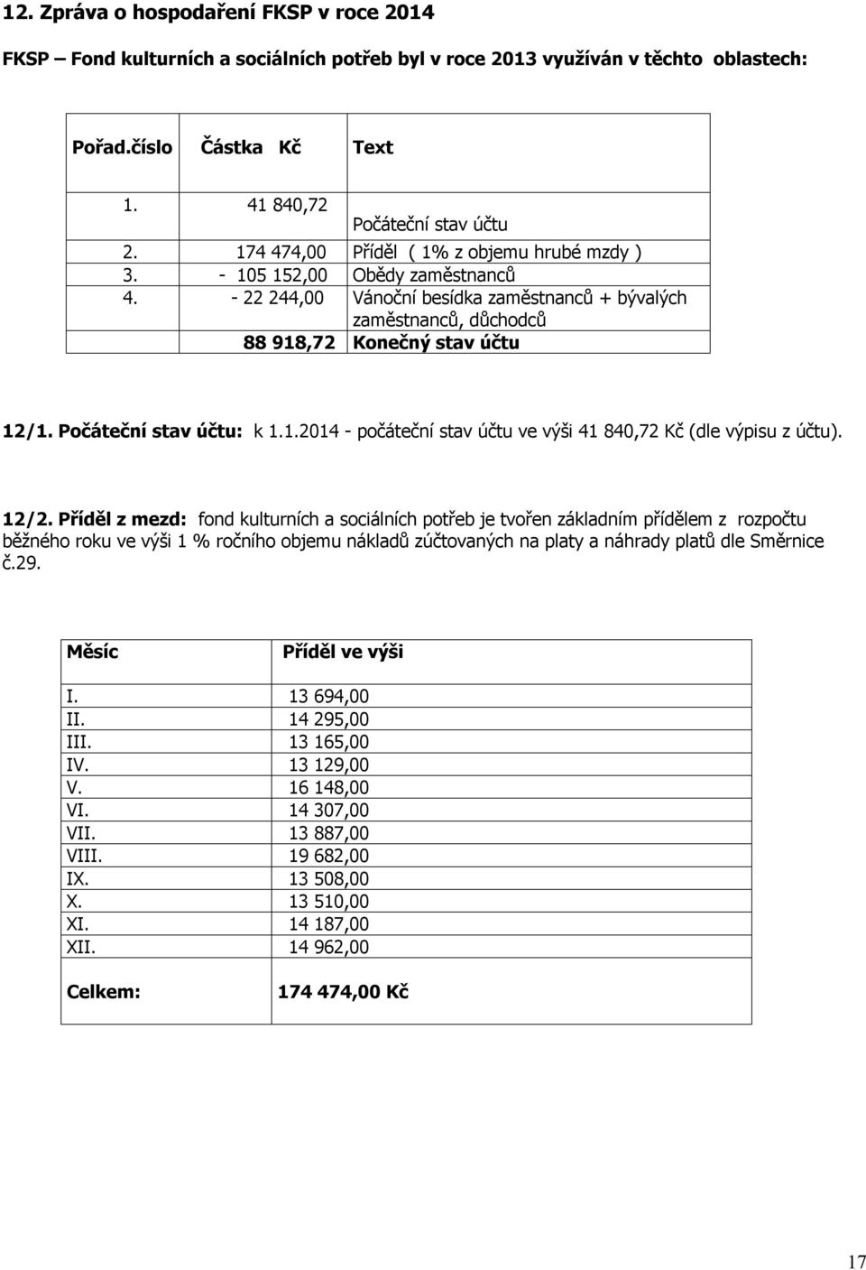 Počáteční stav účtu: k 1.1.2014 - počáteční stav účtu ve výši 41 840,72 Kč (dle výpisu z účtu). 12/2.