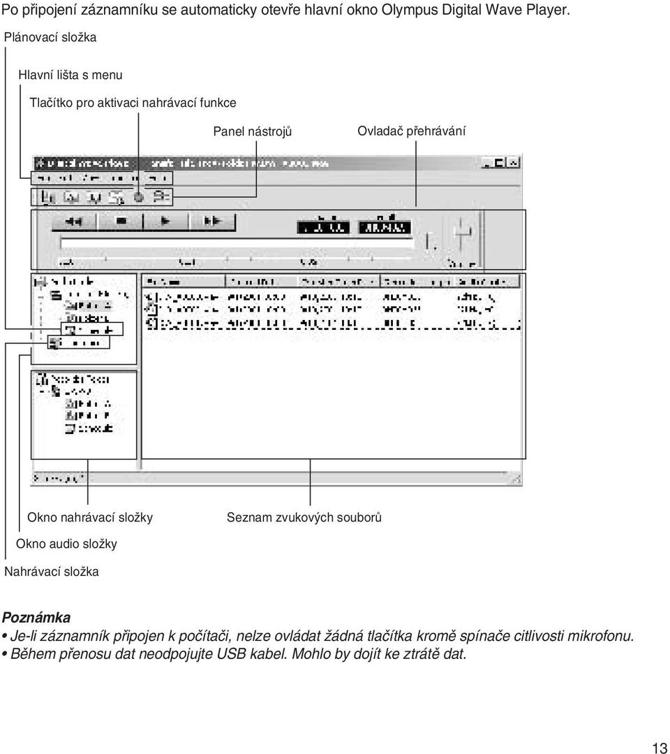 nahrávací sloïky Seznam zvukov ch souborû Okno audio sloïky Nahrávací sloïka Poznámka Je-li záznamník pfiipojen k