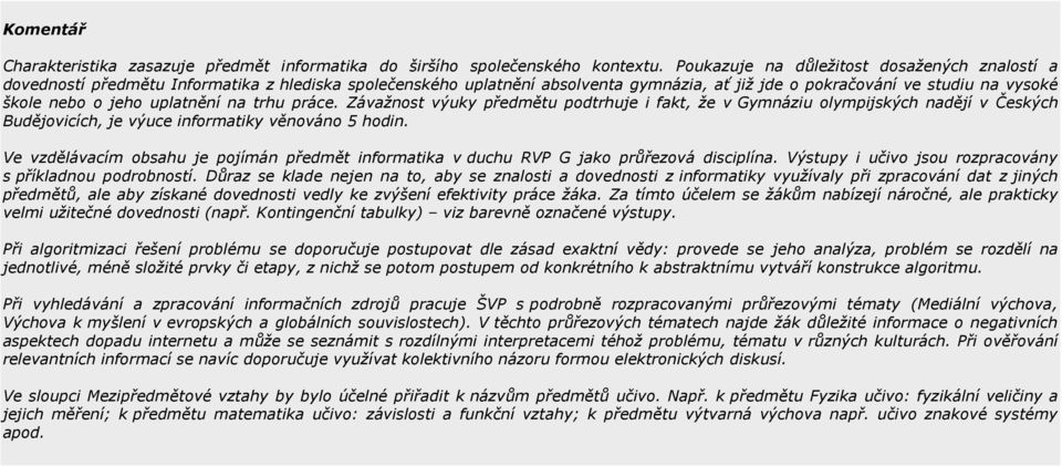 uplatnění na trhu práce. Závažnost výuky předmětu podtrhuje i fakt, že v Gymnáziu olympijských nadějí v Českých Budějovicích, je výuce informatiky věnováno 5 hodin.