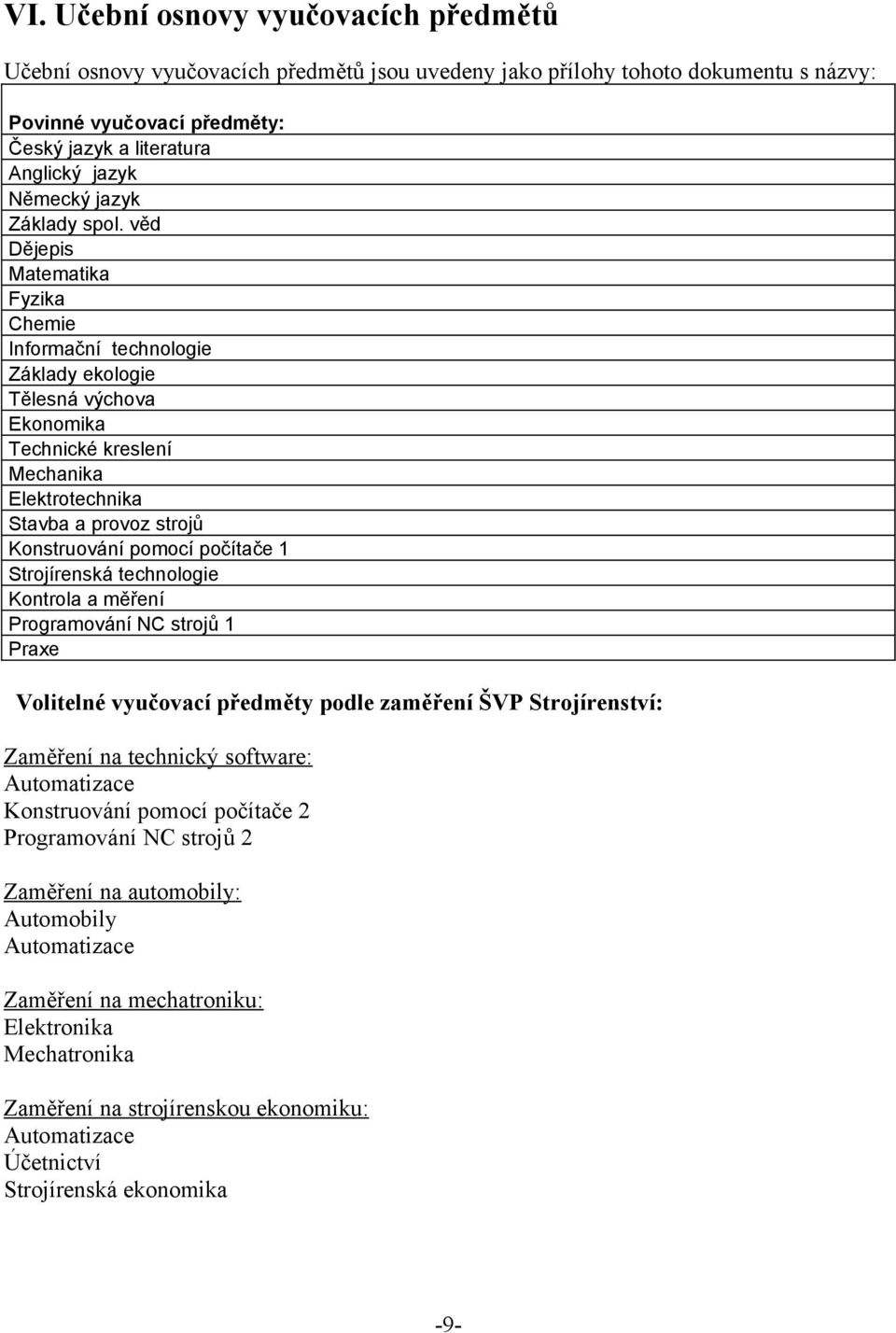 věd Dějepis Matematika Fyzika Chemie Informační technologie Základy ekologie Tělesná výchova Ekonomika Technické kreslení Mechanika Elektrotechnika Stavba a provoz strojů Konstruování pomocí počítače