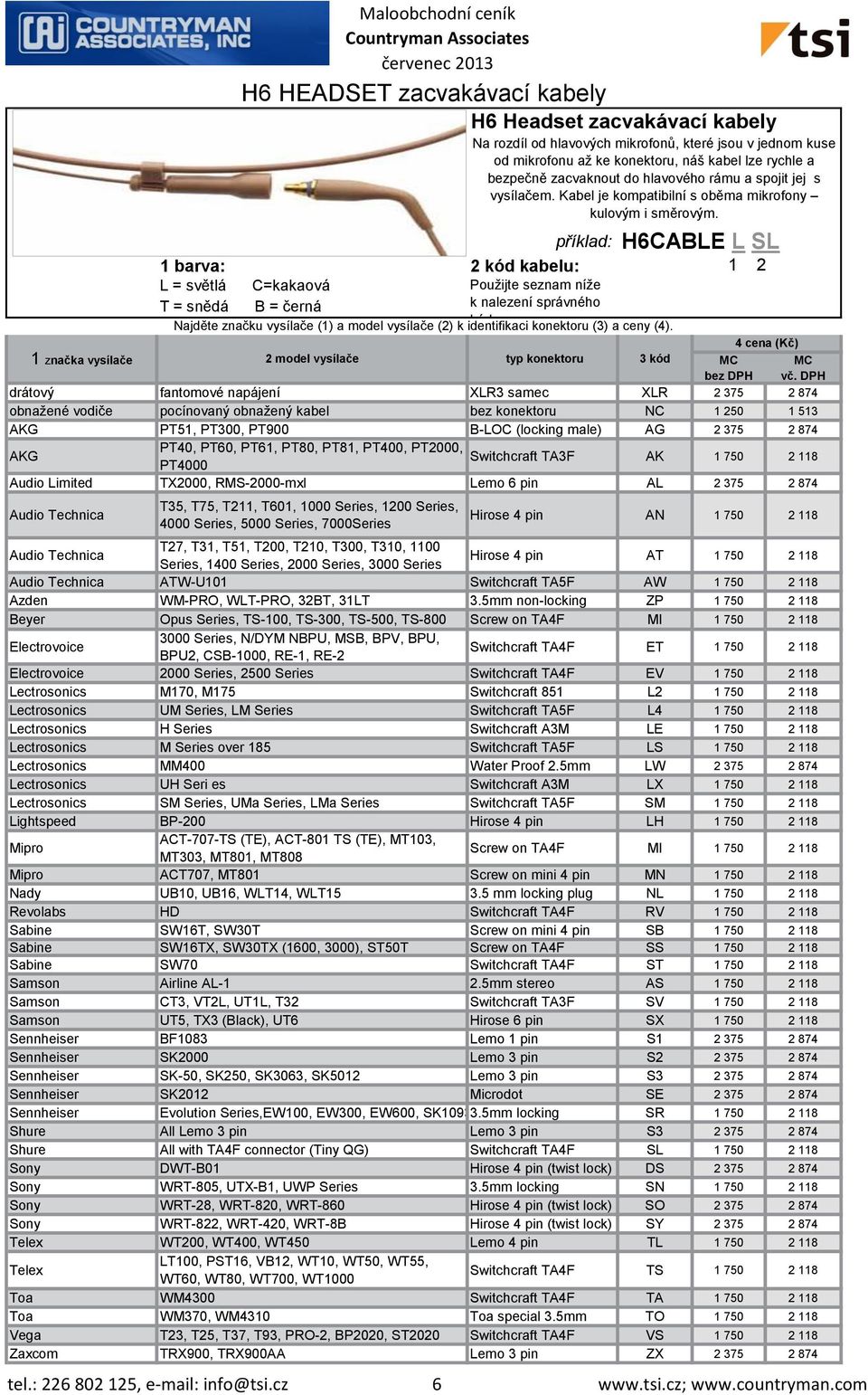 PT61, PT80, PT81, PT400, PT2000, Switchcraft TA3F PT4000 AK 1 750 2 118 Audio Limited TX2000, RMS-2000-mxl Lemo 6 pin AL 2 375 2 874 H6 HEADSET zacvakávací kabely 2 model vysílače T35, T75, T211,
