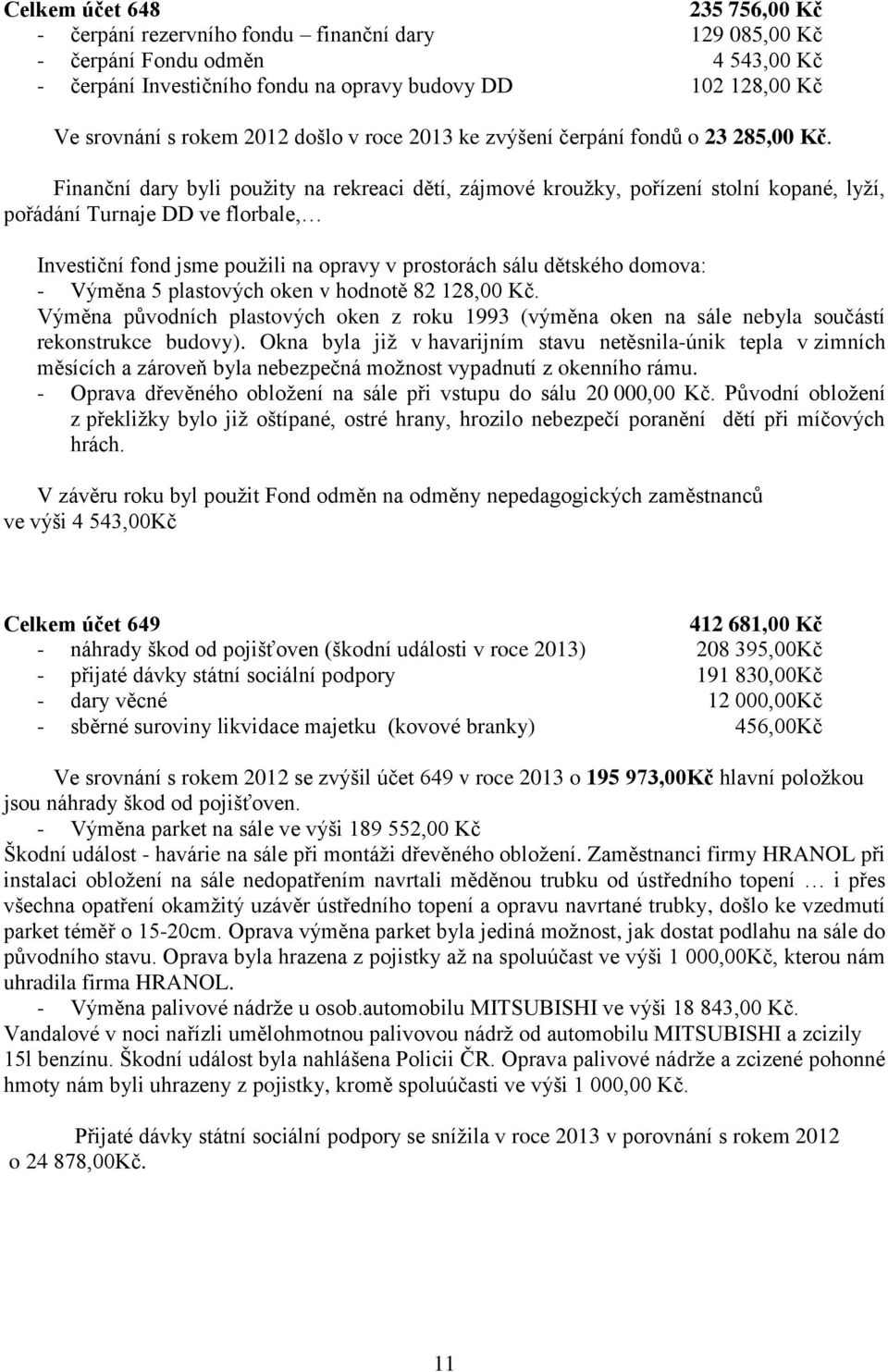 Finanční dary byli použity na rekreaci dětí, zájmové kroužky, pořízení stolní kopané, lyží, pořádání Turnaje DD ve florbale, Investiční fond jsme použili na opravy v prostorách sálu dětského domova: