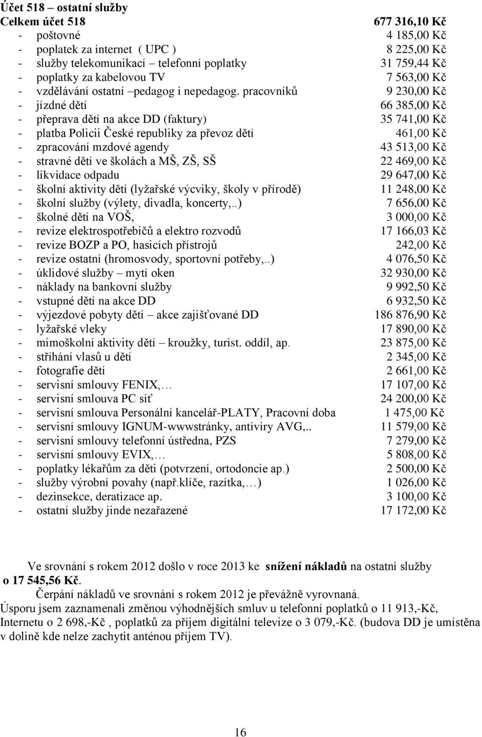 pracovníků 9 230,00 Kč - jízdné dětí 66 385,00 Kč - přeprava dětí na akce DD (faktury) 35 741,00 Kč - platba Policii České republiky za převoz dětí 461,00 Kč - zpracování mzdové agendy 43 513,00 Kč -