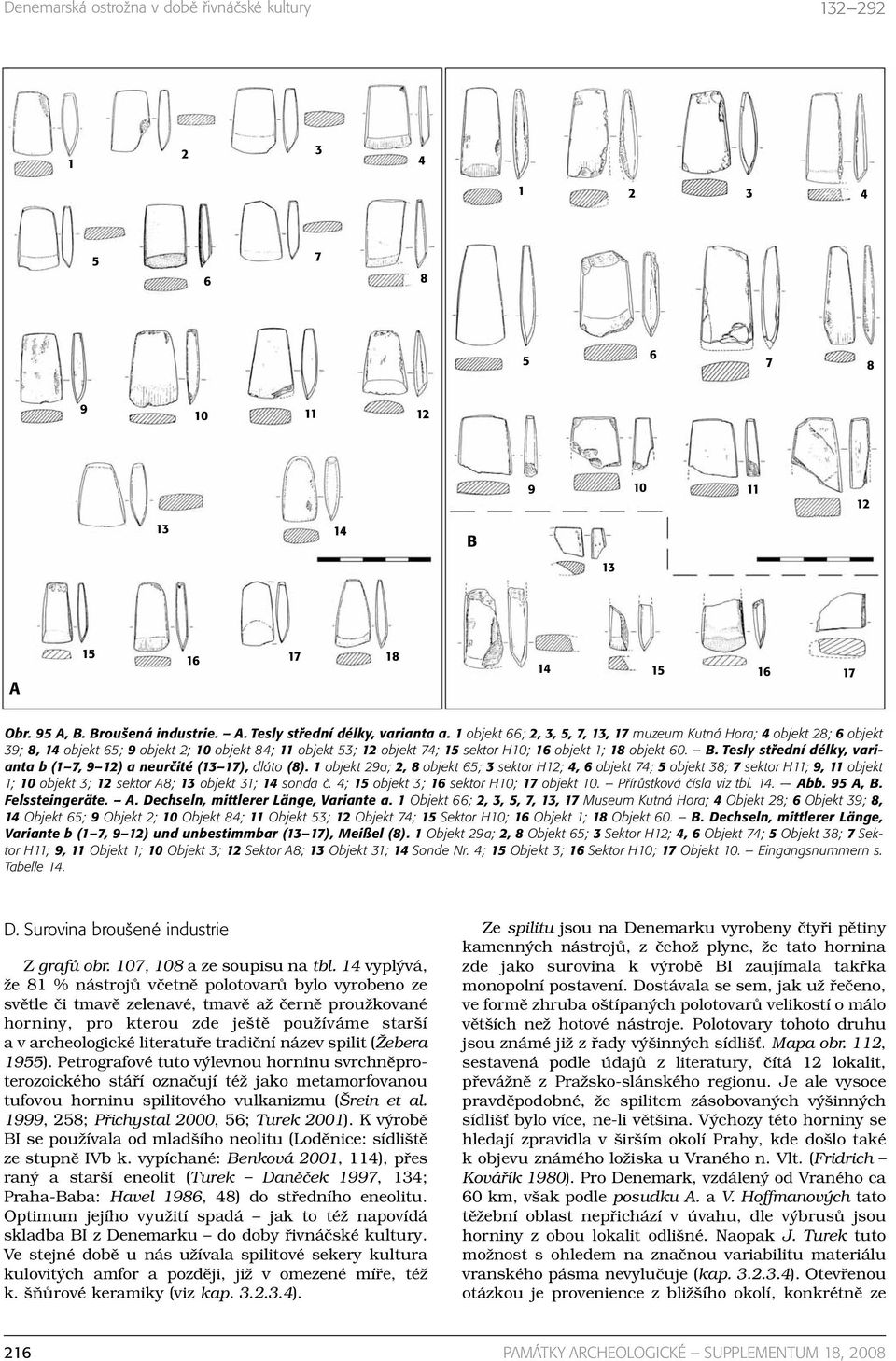 Tesly střední délky, varianta b (1 7, 9 12) a neurčité (13 17), dláto (8).