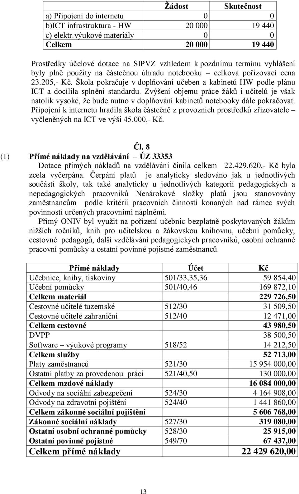 Škola pokračuje v doplňování učeben a kabinetů HW podle plánu ICT a docílila splnění standardu.