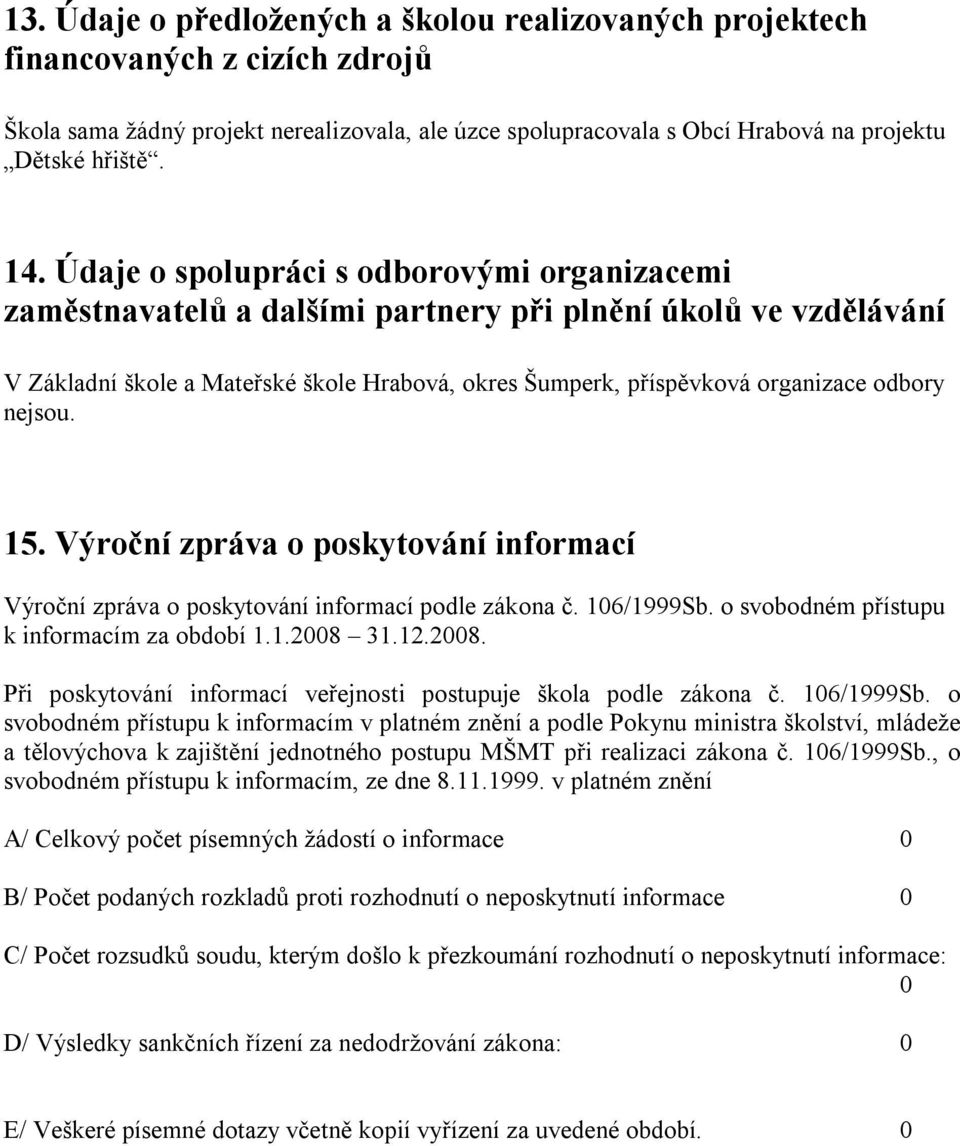 nejsou. 15. Výroční zpráva o poskytování informací Výroční zpráva o poskytování informací podle zákona č. 106/1999Sb. o svobodném přístupu k informacím za období 1.1.2008 