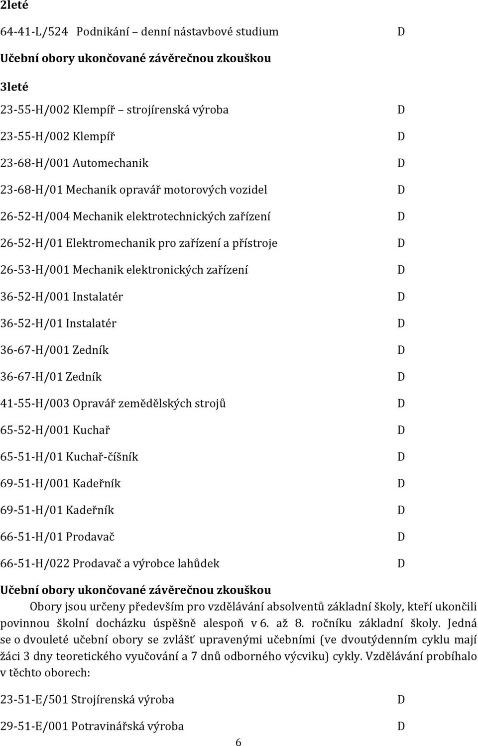 Instalatér 36-52-H/01 Instalatér 36-67-H/001 Zedník 36-67-H/01 Zedník 41-55-H/003 Opravář zemědělských strojů 65-52-H/001 Kuchař 65-51-H/01 Kuchař-číšník 69-51-H/001 Kadeřník 69-51-H/01 Kadeřník